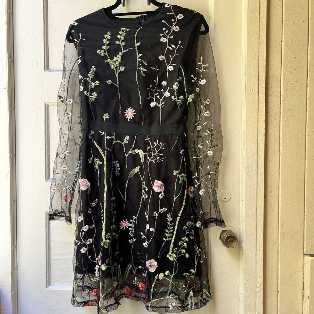 Whimsigoth Black Floral Embroidered Dress Size M Sheer Sleeves Dark Romantic